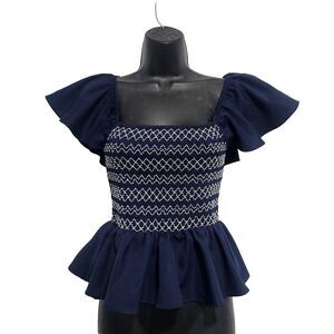 Ruched Peplum Milkmaid Top Idem Ditto Navy Blue Flutter Sleeve Stretch Feminine